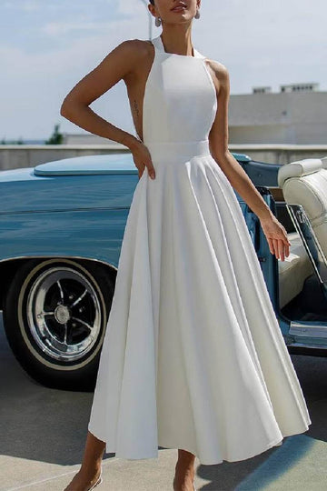 A-Line Tea Length Elastic Cloth Little White Dress 100006