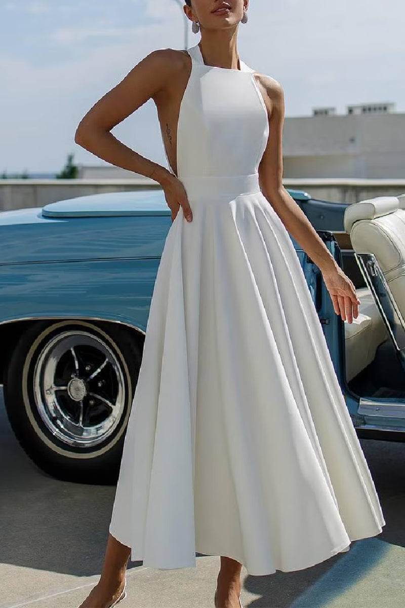 A-Line Tea Length Elastic Cloth Little White Dress 100006