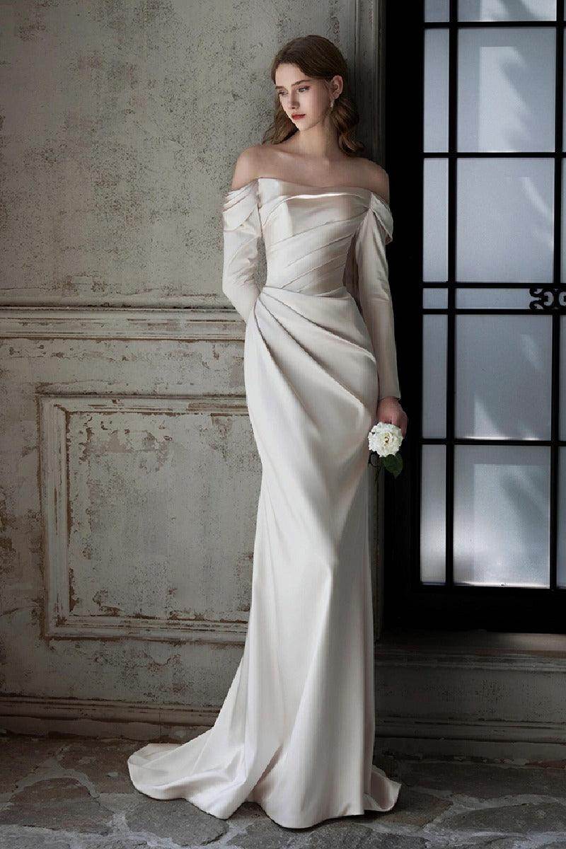 Sheath-Column Sweep-Brush Train Satin Wedding Dress 851237427674