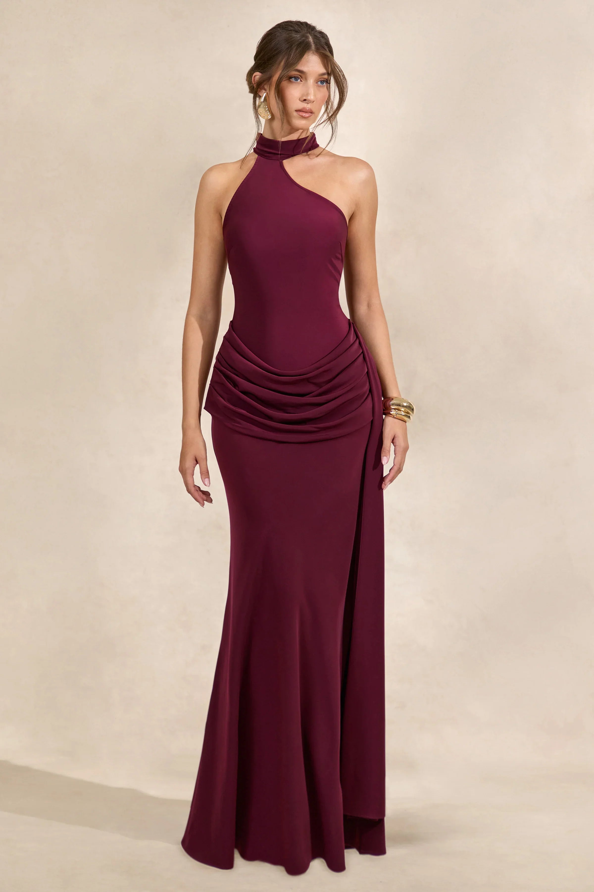 Aevina | Burgundy Satin Asymmetric-Neck Maxi Dress With Scarf-Detail