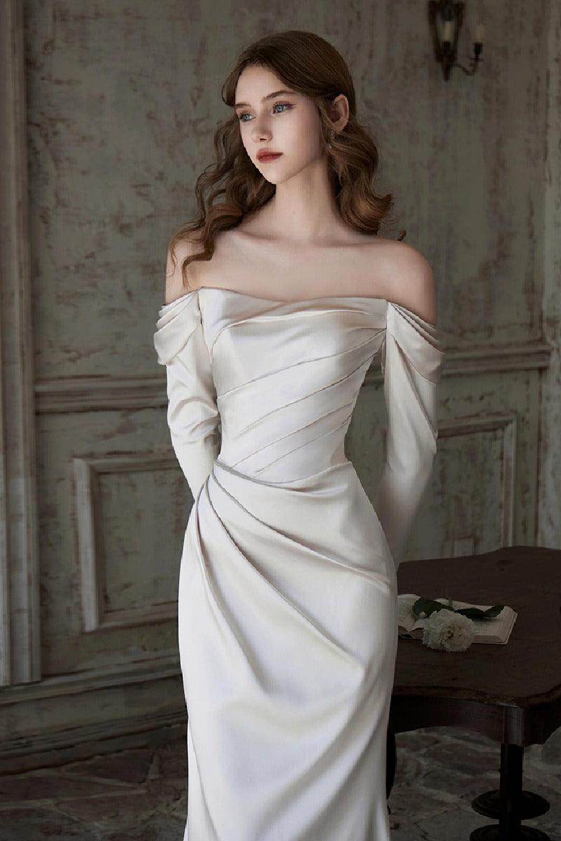 Sheath-Column Sweep-Brush Train Satin Wedding Dress 851237427674