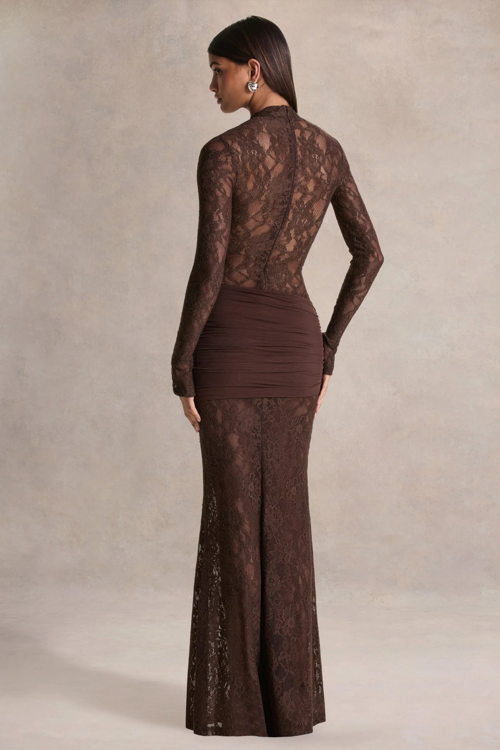Akira | Brown Lace Maxi Dress With Sash-Detail