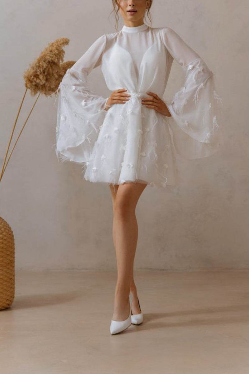A-Line Short-Mini Chiffon Tulle Little White Dress 100021