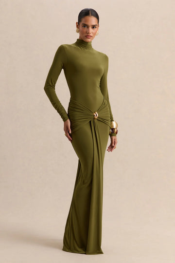 Ambrette | Olive High-Neck Maxi Dress With Gathered-Detailing