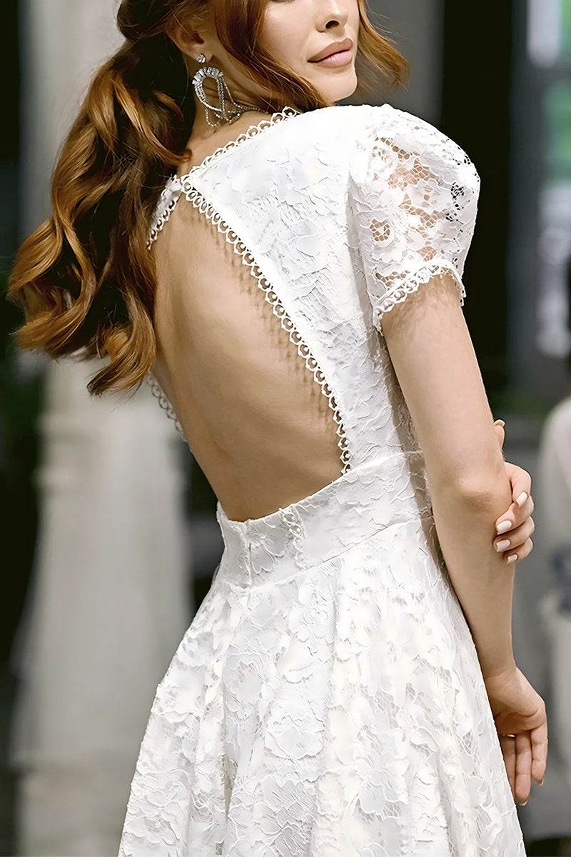 A-Line Tea Length Lace Little White Dress 100020