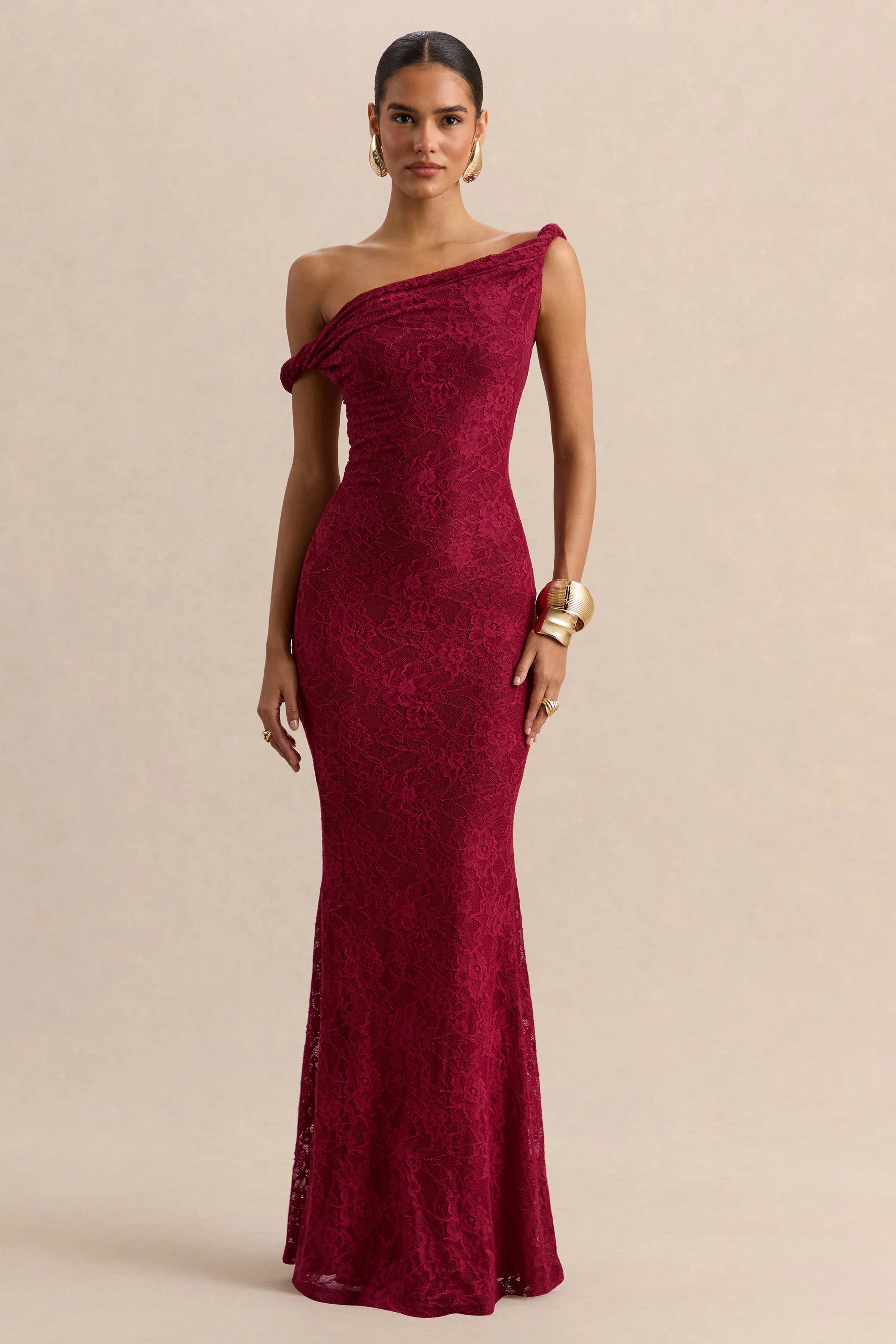 Afina | Burgundy Lace Asymmetric-Neck Maxi Dress