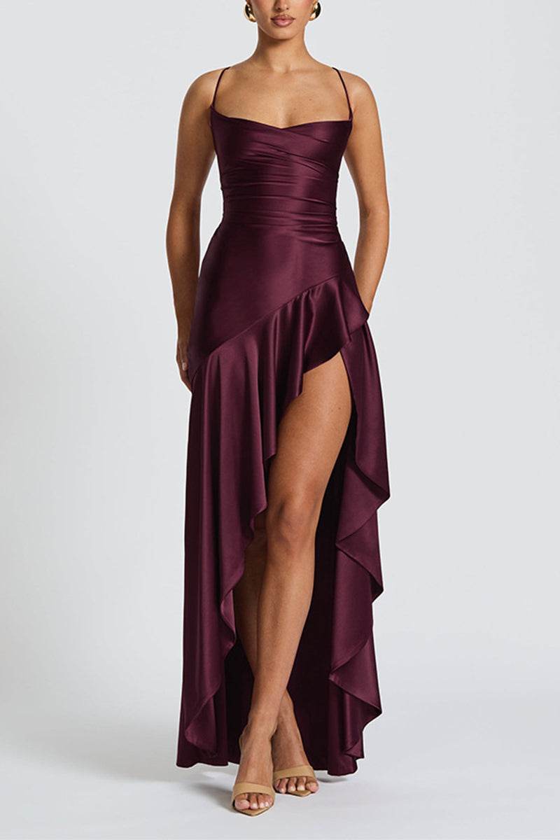 Asymmetrical High-Low Stretch Satin Dress 954200659160
