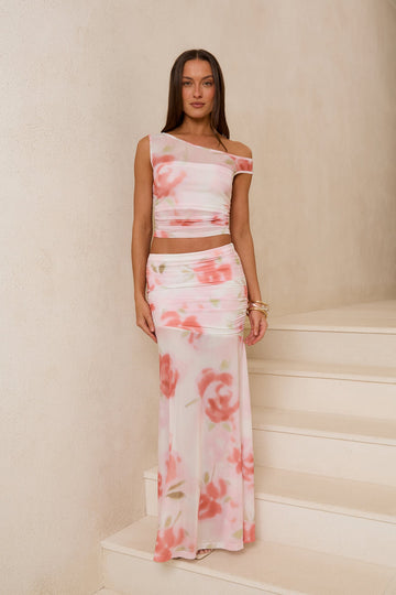 Rosebush Reverie Mesh Maxi Skirt Pink Print