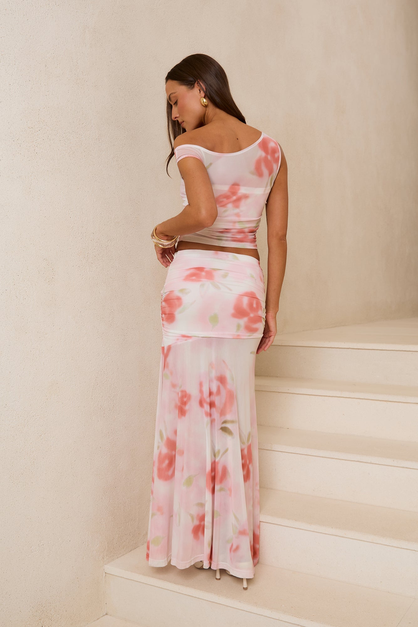 Rosebush Reverie Mesh Maxi Skirt Pink Print