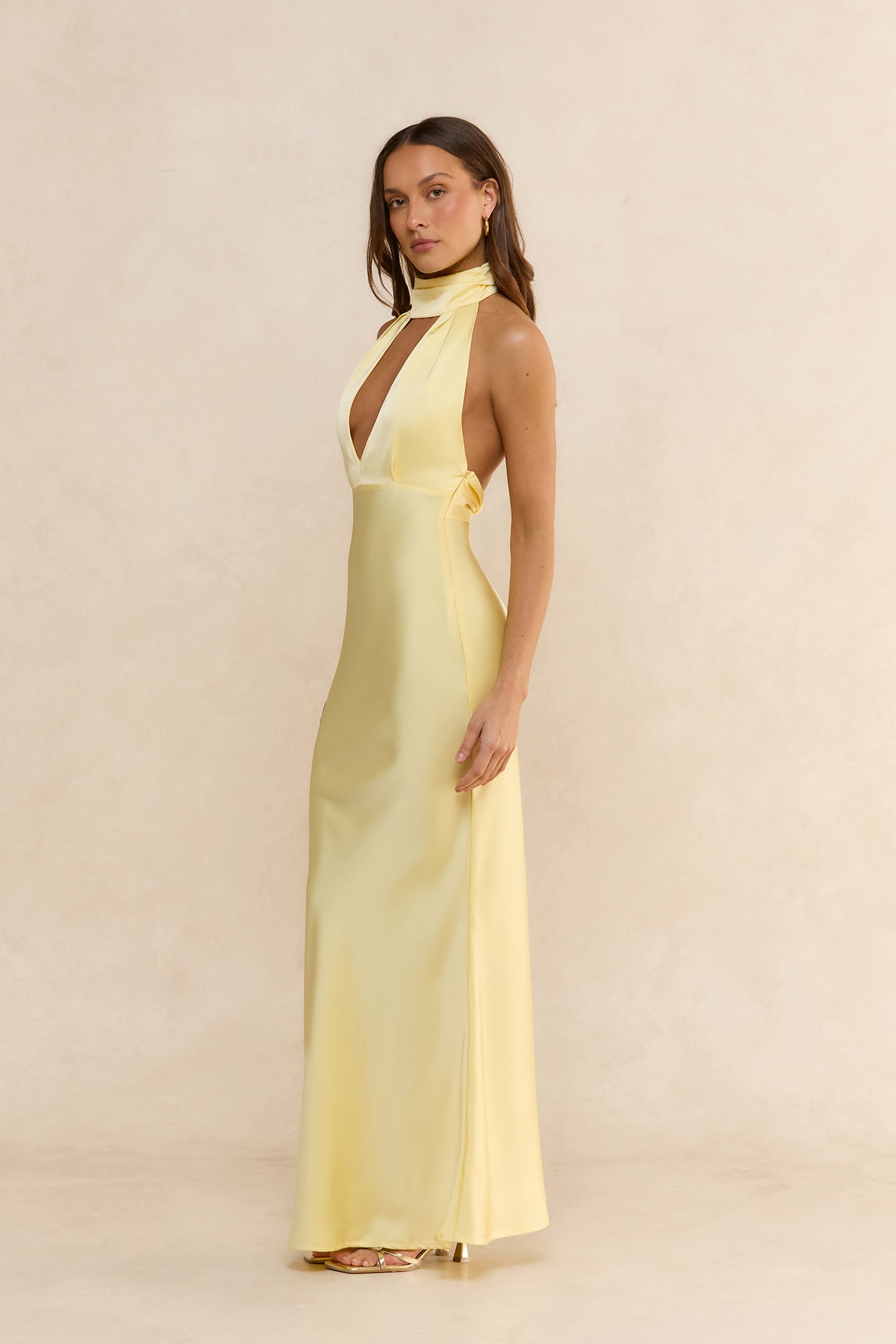 Summer Flame Kiss Halter Satin Maxi Dress Yellow
