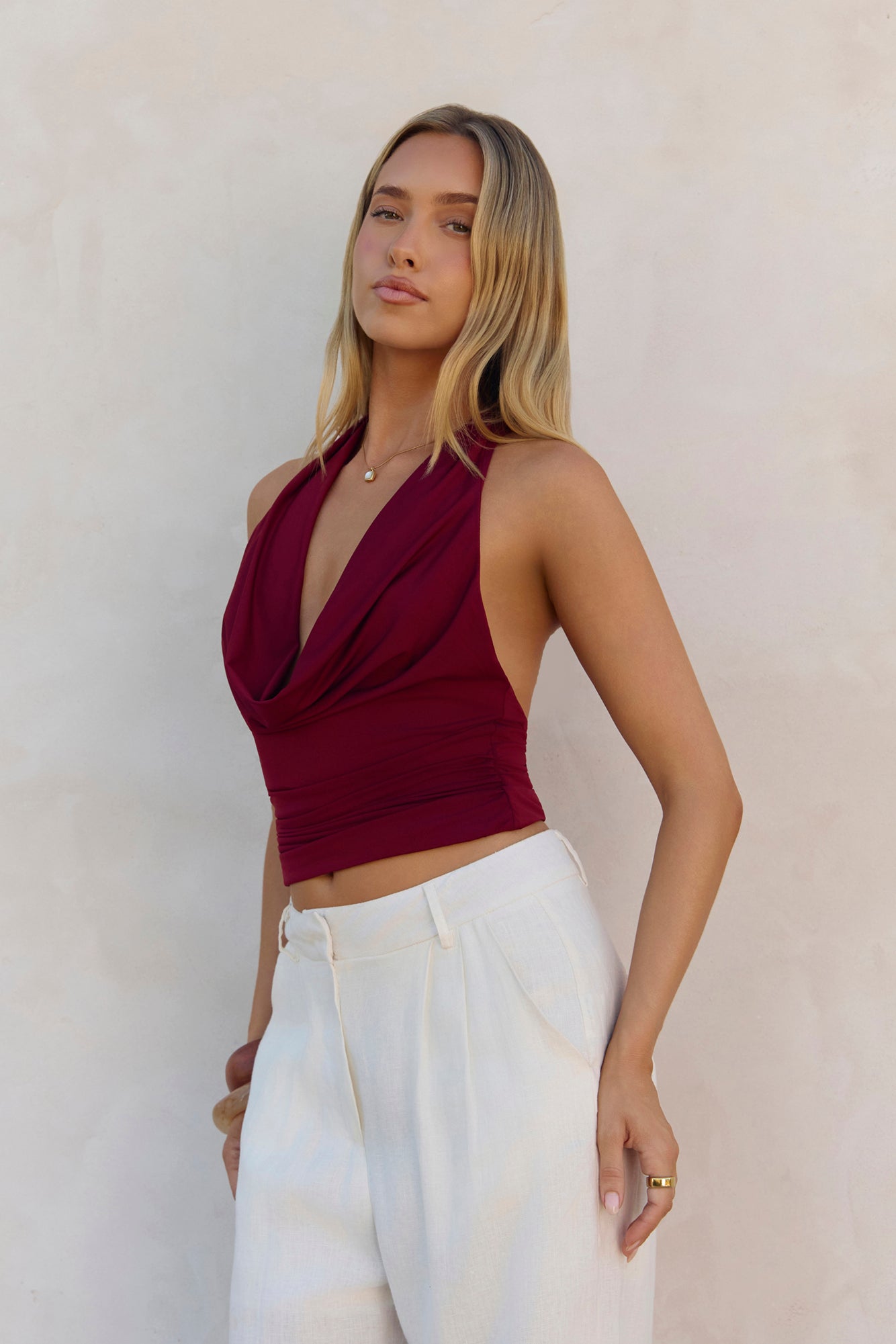 BASE Contour In Her Element Halter Cowl Top Wine
