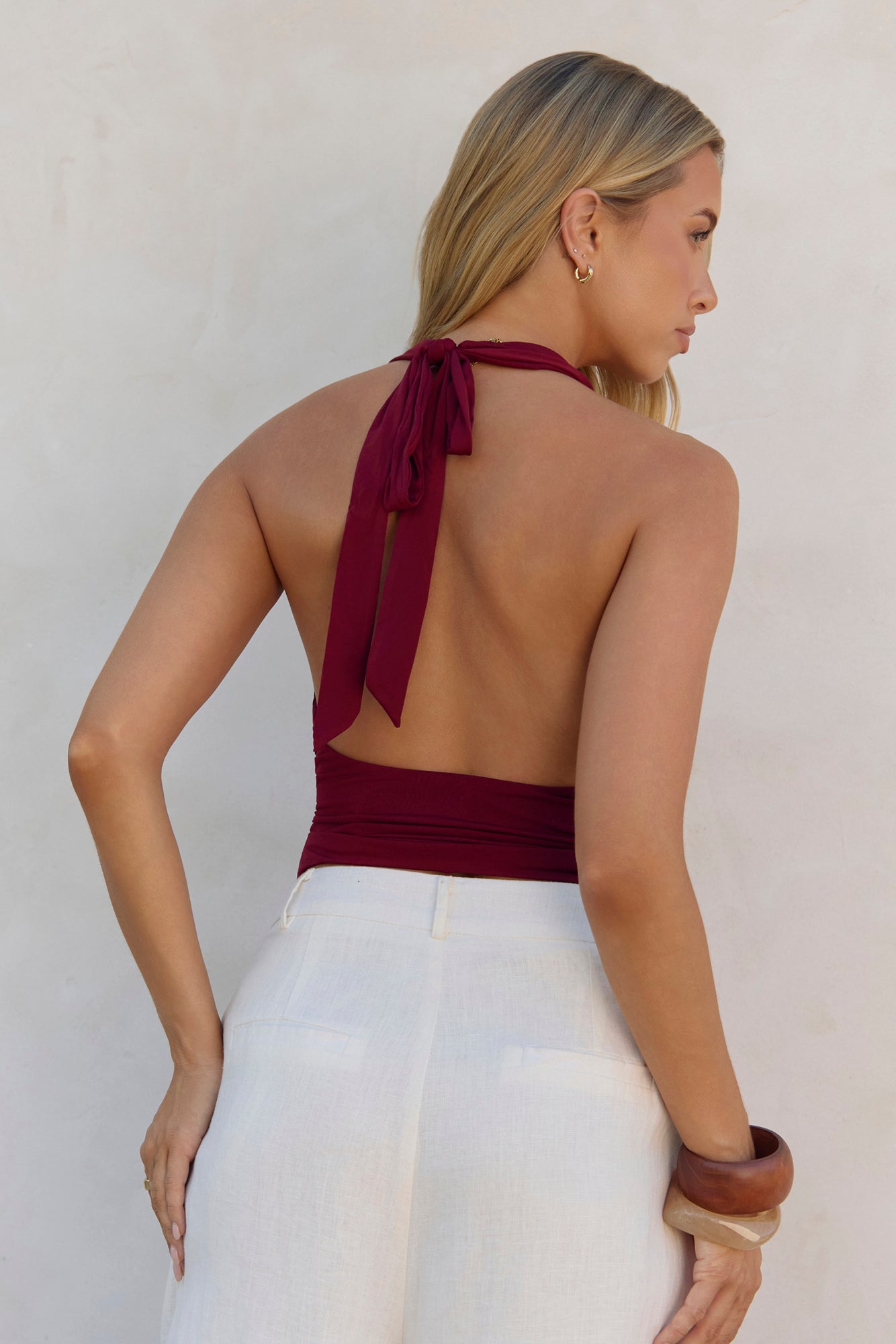 BASE Contour In Her Element Halter Cowl Top Wine