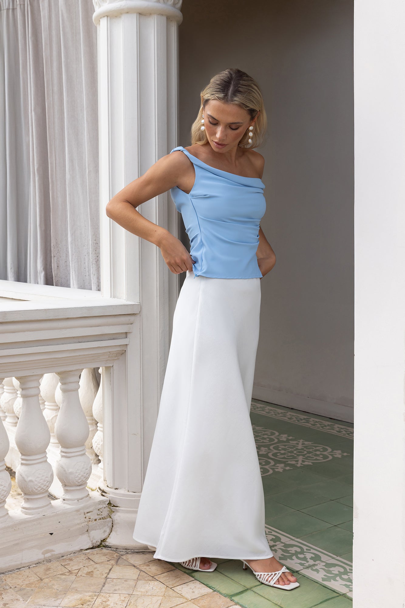 Smart Casual Tailored Off Shoulder Top Blue