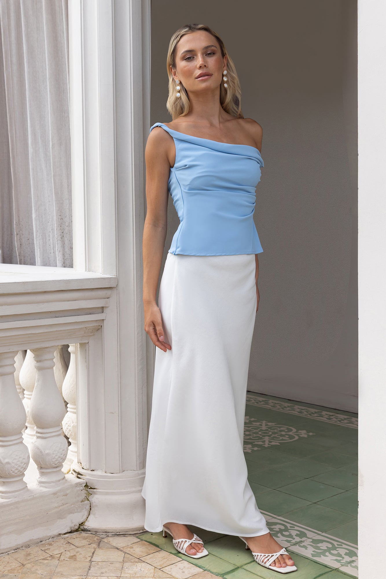 Smart Casual Tailored Off Shoulder Top Blue