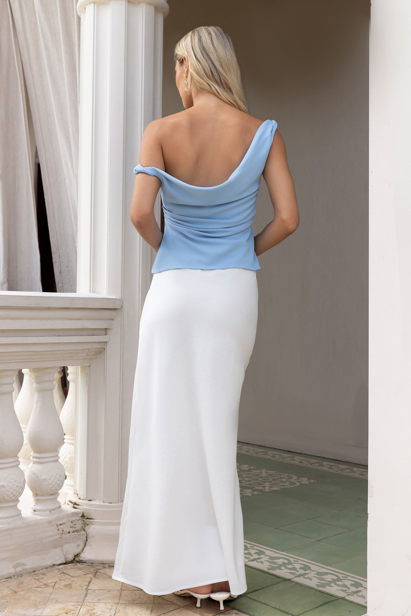 Smart Casual Tailored Off Shoulder Top Blue