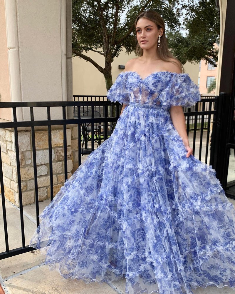 A Line Off The Shoulder Floral Tulle Prom Dress
