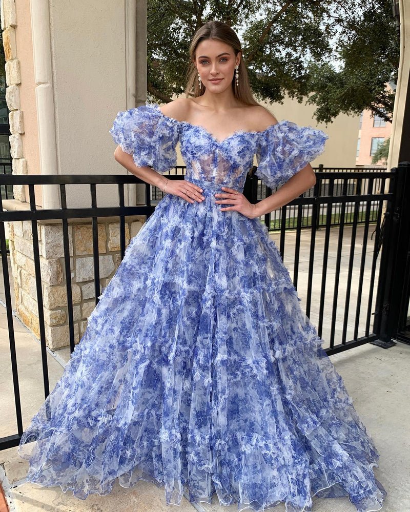 A Line Off The Shoulder Floral Tulle Prom Dress