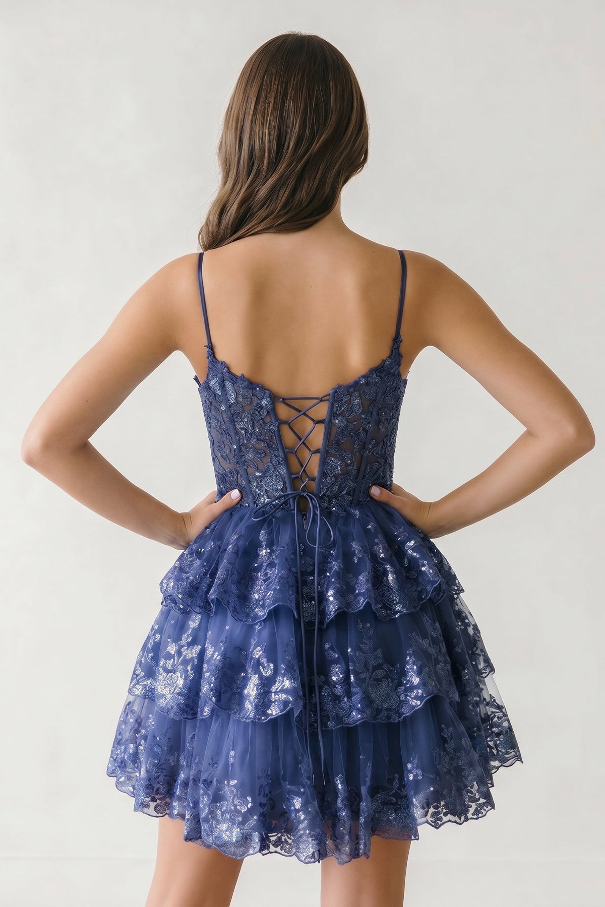 A- Line Sky Blue Sequins Multi-Layers Short Homecoming Dress