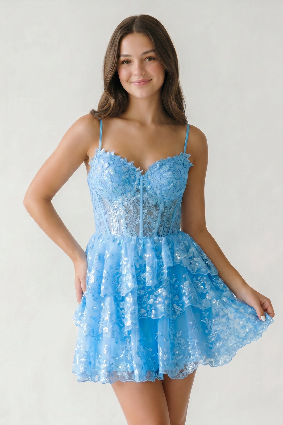 A- Line Sky Blue Sequins Multi-Layers Short Homecoming Dress