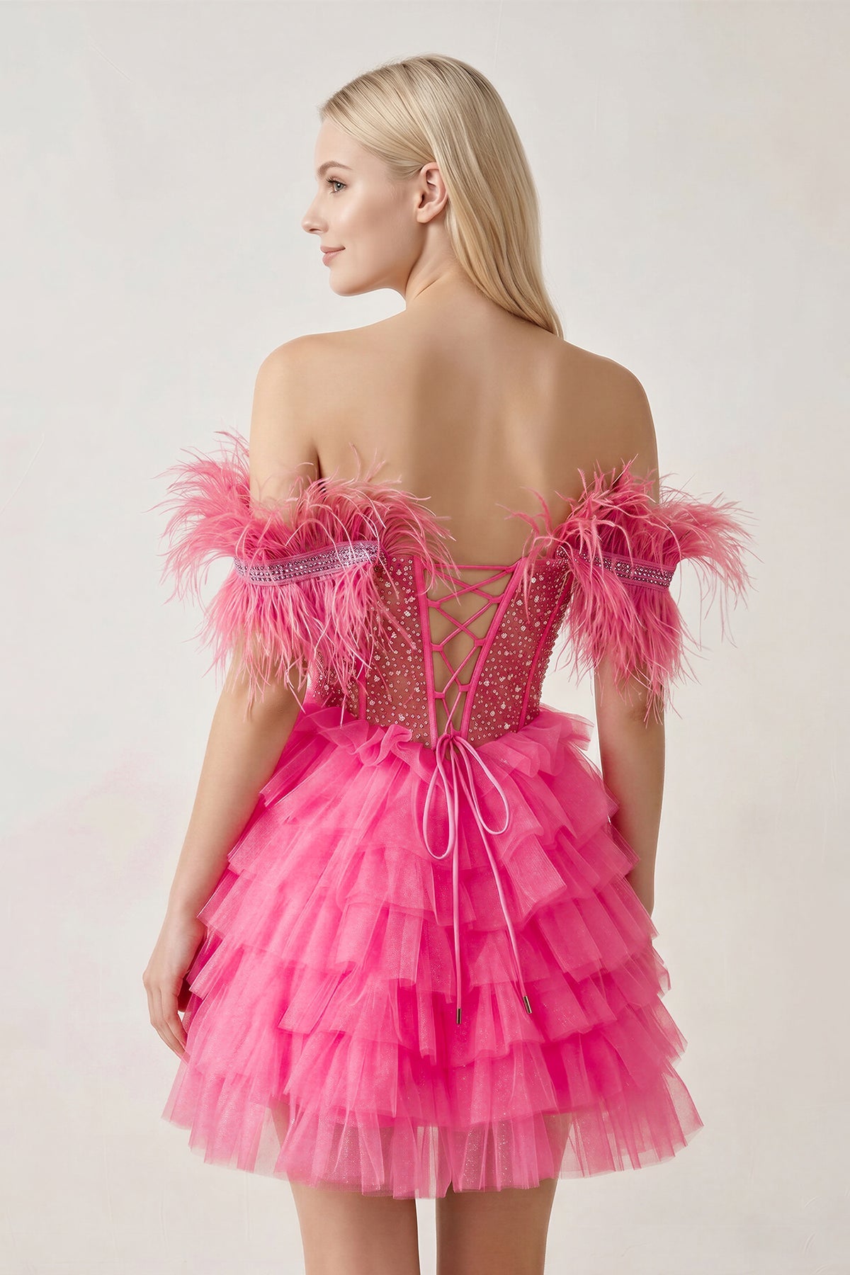 A Line Off the Shoulder Beaded Homecoming Dress with Feathers