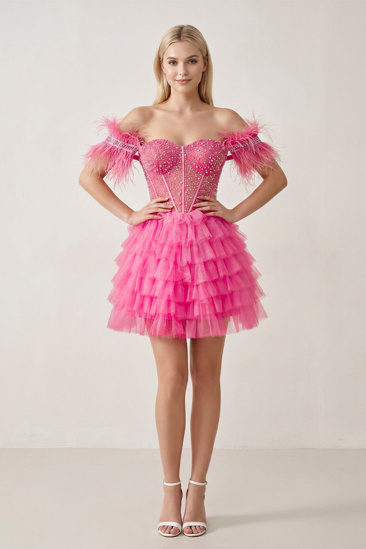 A Line Off the Shoulder Beaded Homecoming Dress with Feathers