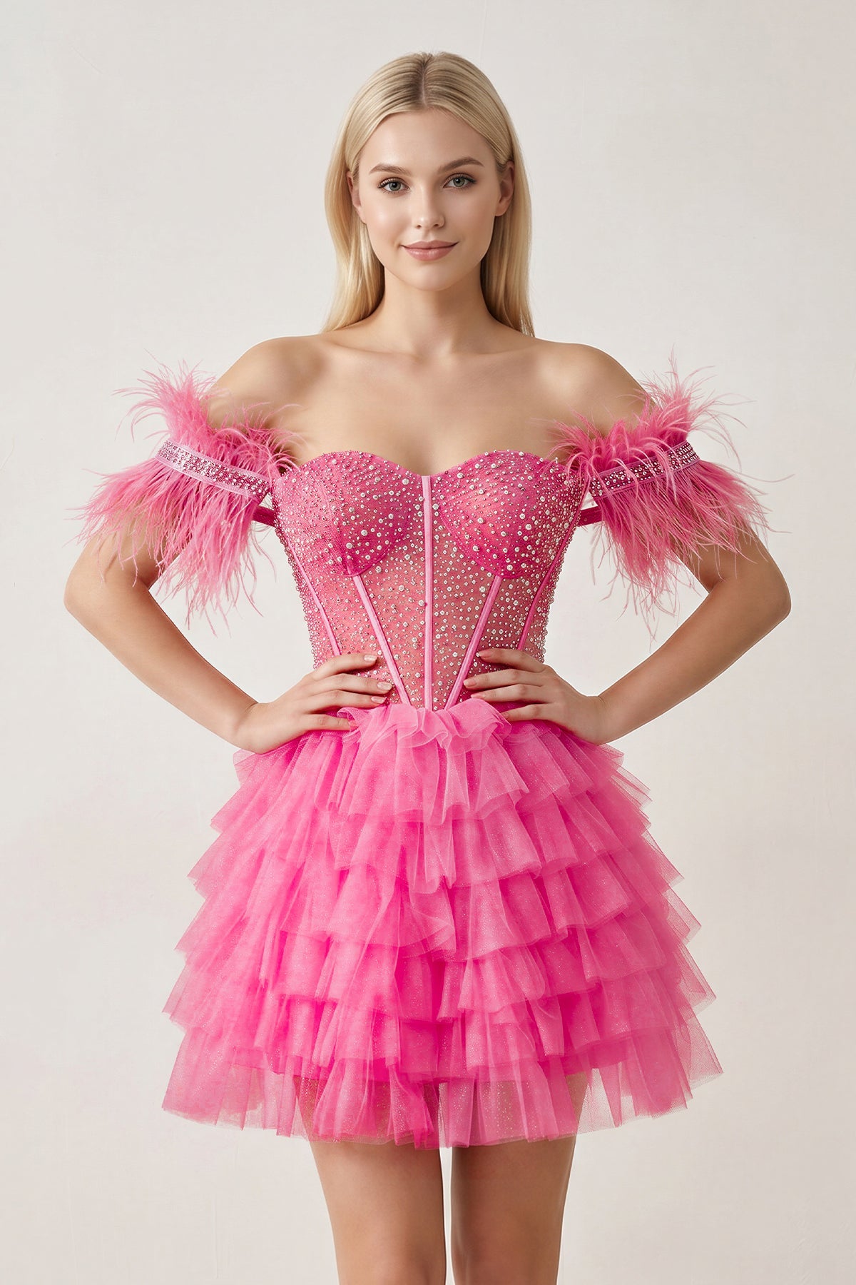 A Line Off the Shoulder Beaded Homecoming Dress with Feathers