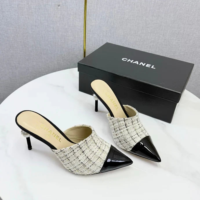 Chanel 2026 Pointy Heeled Mules 85mm Tweed Pearl 801951