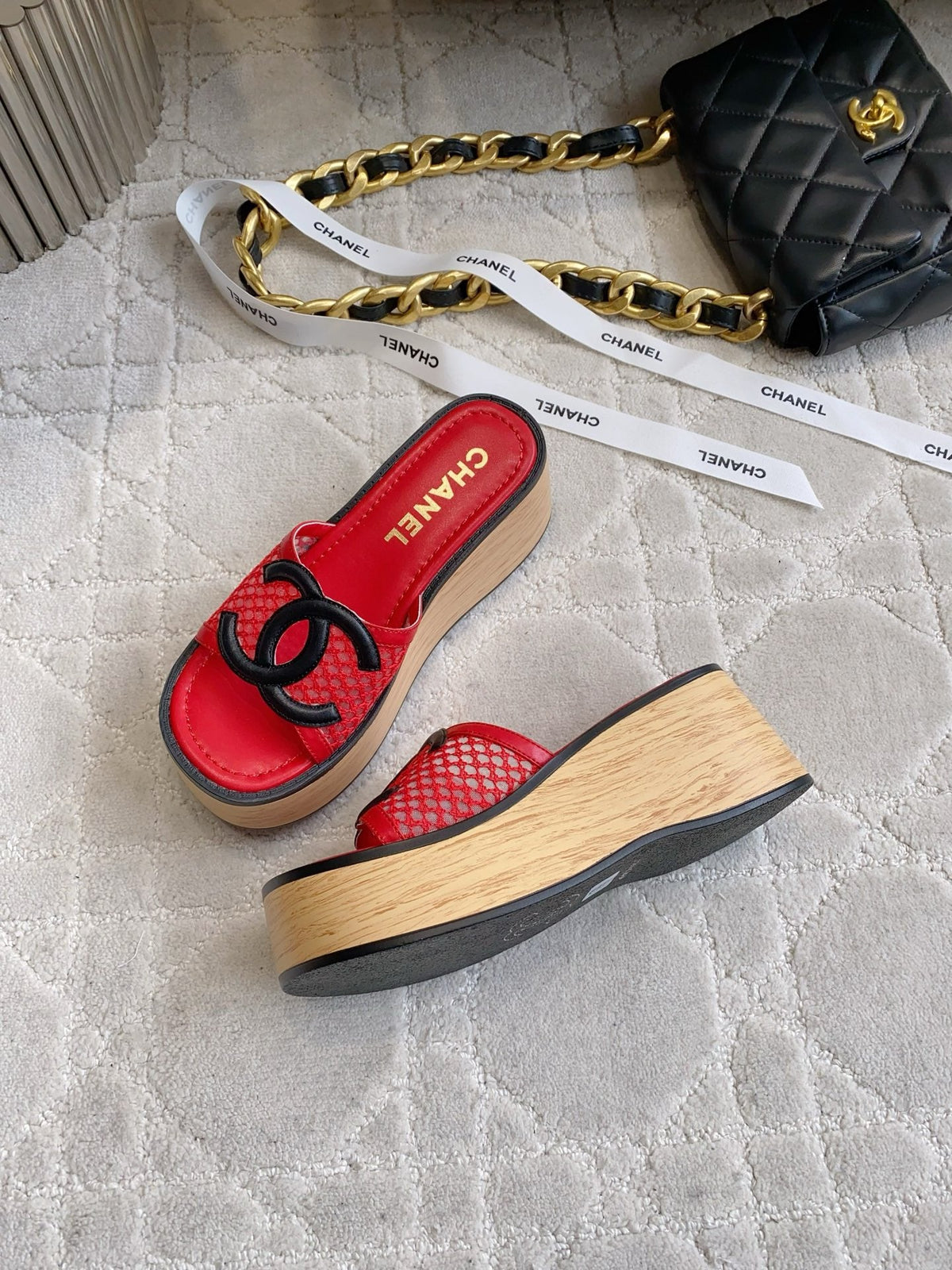 CC Logo Platform Sandals Red Lambskin 723735