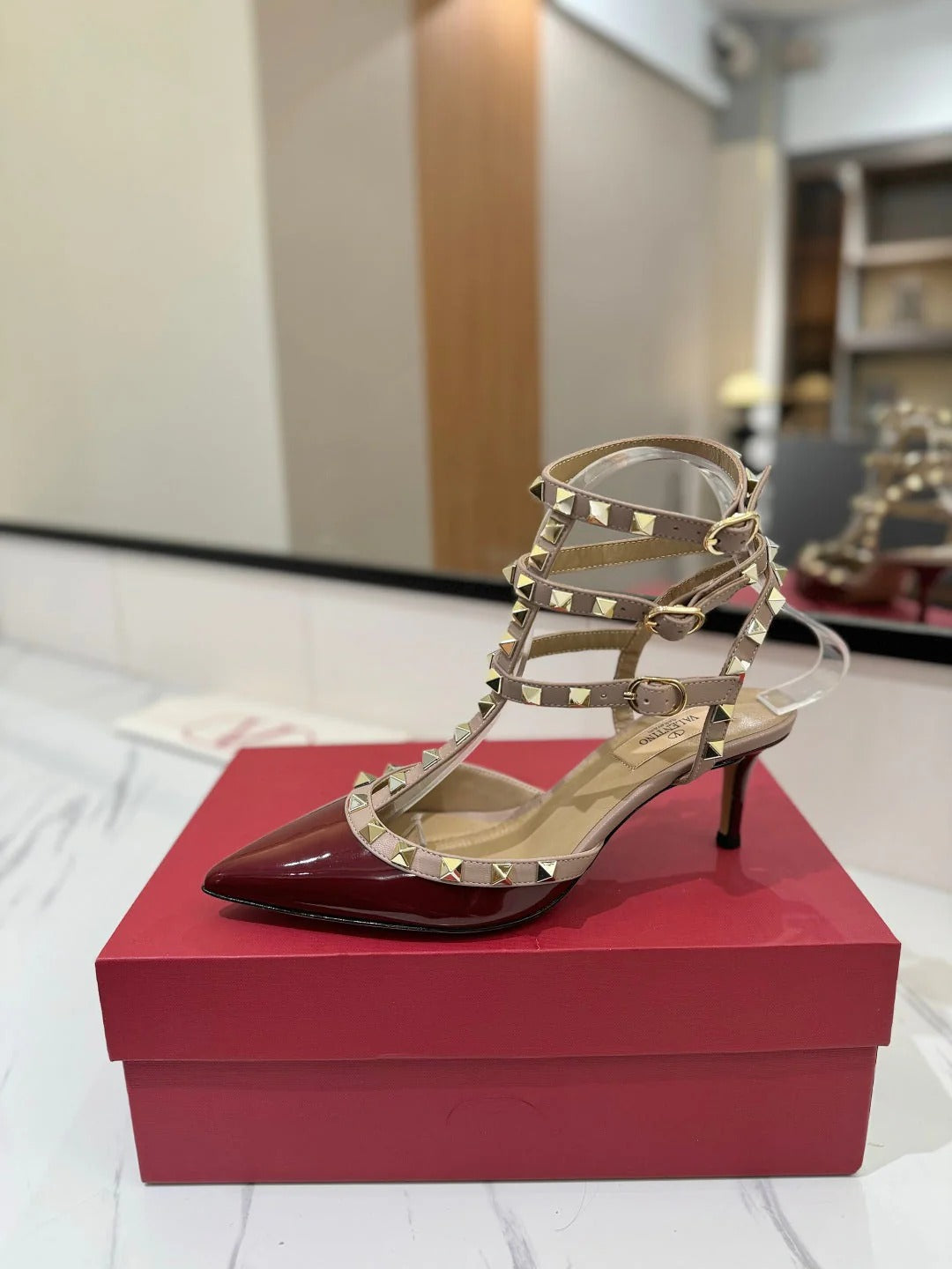 VT Classic Ankle-Wrap Studded Sandal Red Patent Leather Goatskin 351811