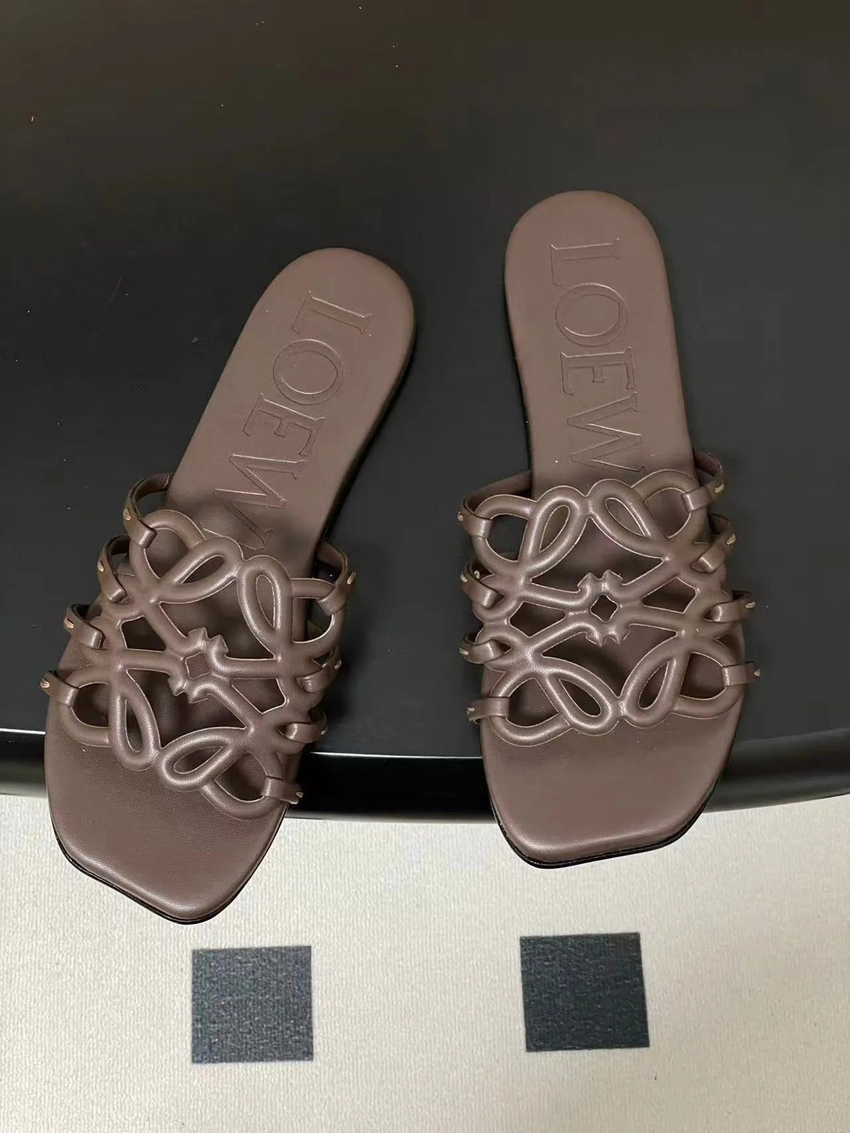 Loewe 25 Petal Anagram Slides Dark Brown Cowhide