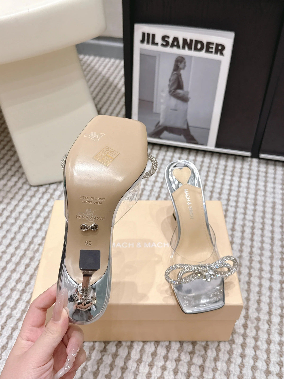 Mach & Mach 26 High Heels Crystal Sandals 95 Silver in Leather 722820