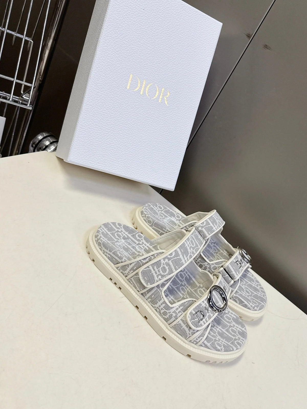 Dior 2026 Velcro Slip-on Sandal Grey White Fabric Leather 716904