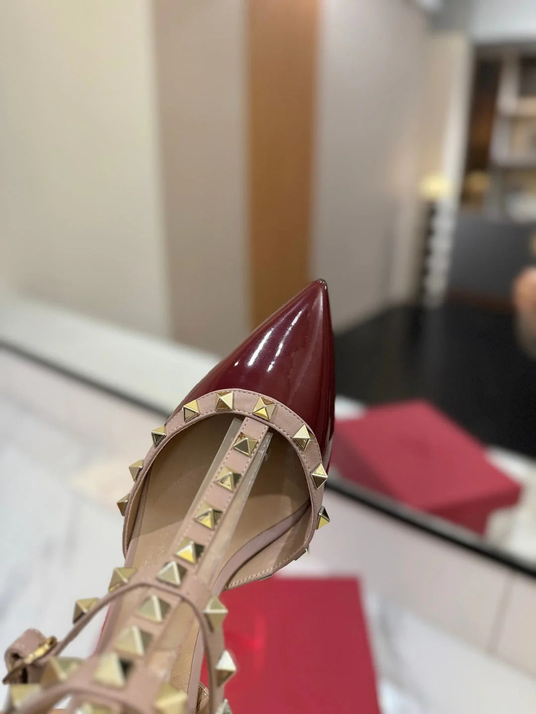VT Classic Ankle-Wrap Studded Sandal Red Patent Leather Goatskin 351811