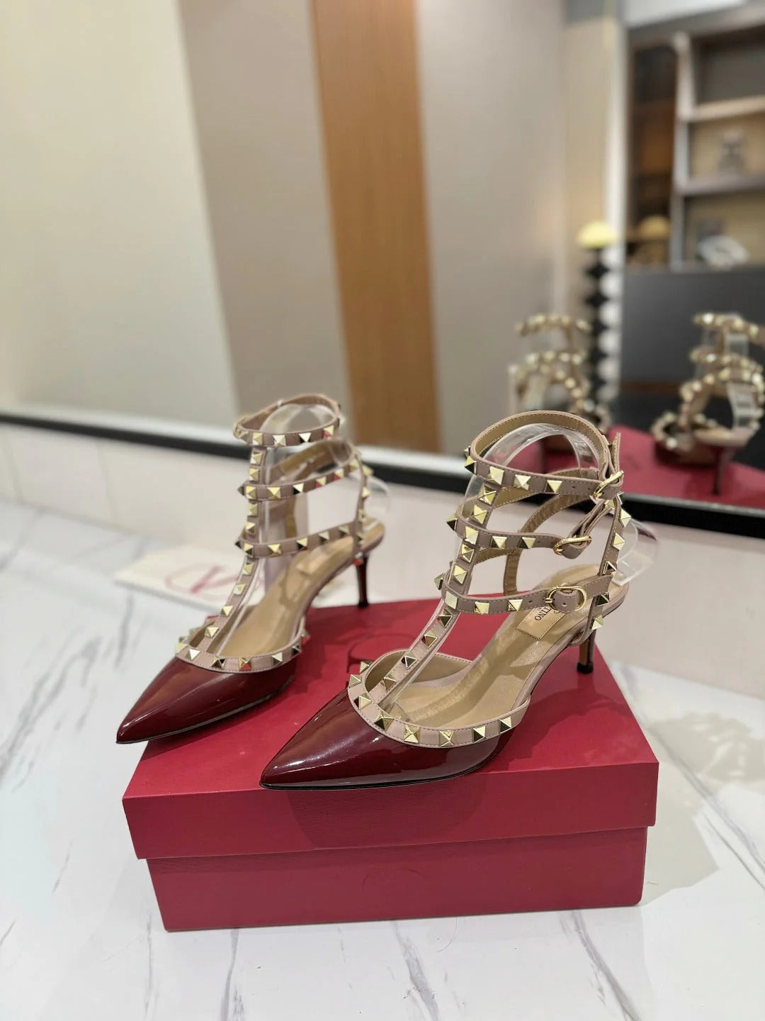 VT Classic Ankle-Wrap Studded Sandal Red Patent Leather Goatskin 351811