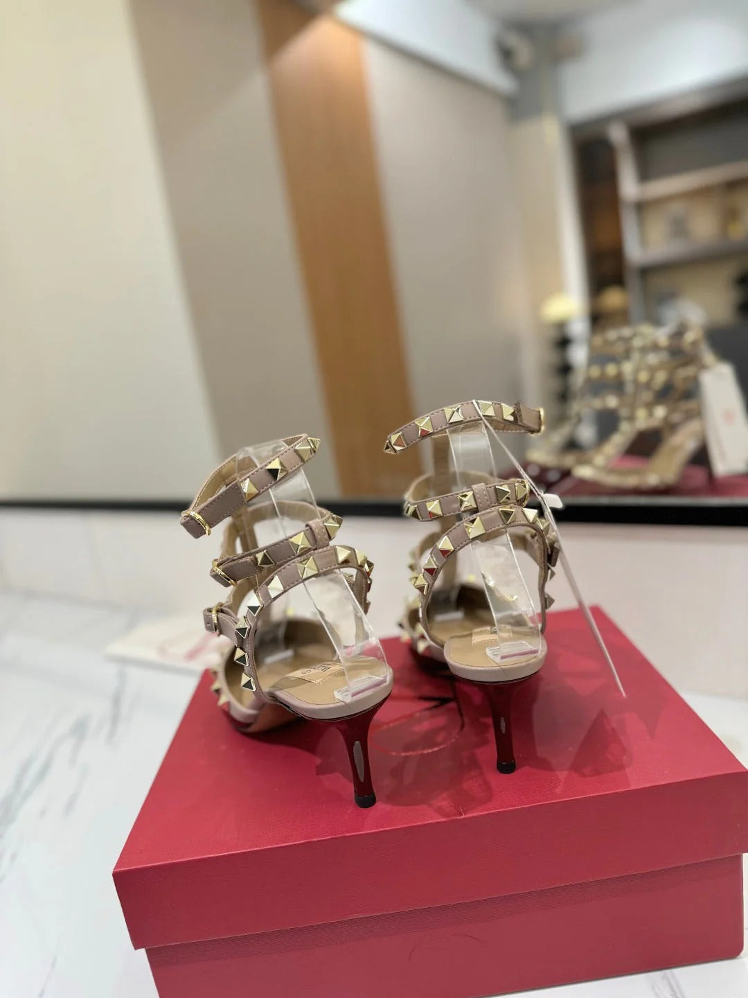 VT Classic Ankle-Wrap Studded Sandal Red Patent Leather Goatskin 351811