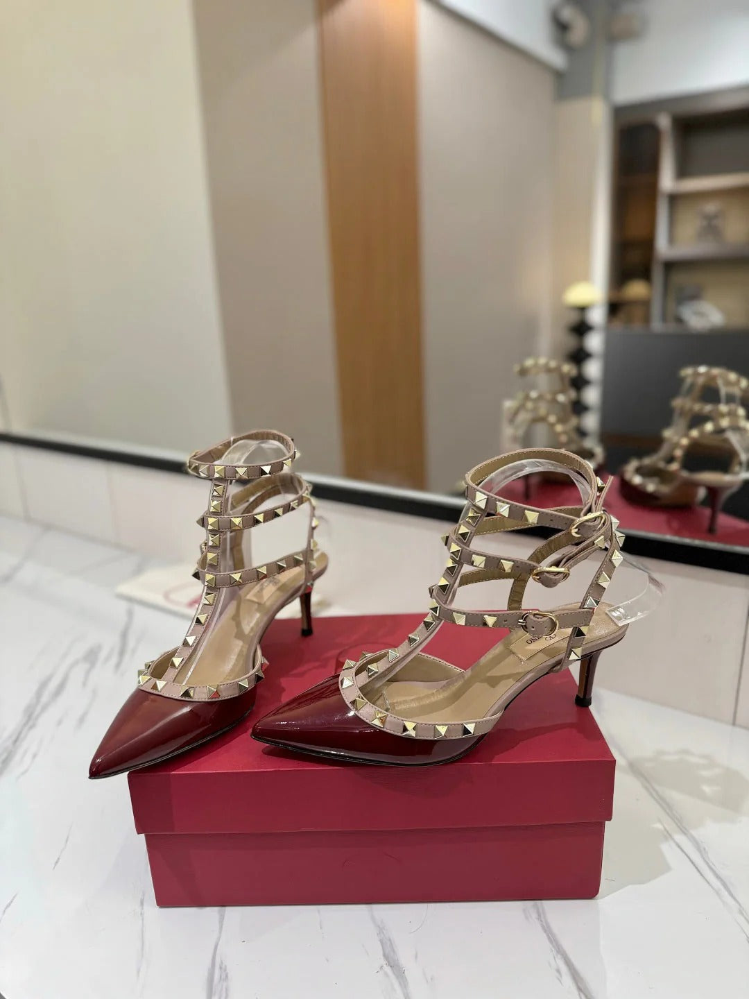 VT Classic Ankle-Wrap Studded Sandal Red Patent Leather Goatskin 351811