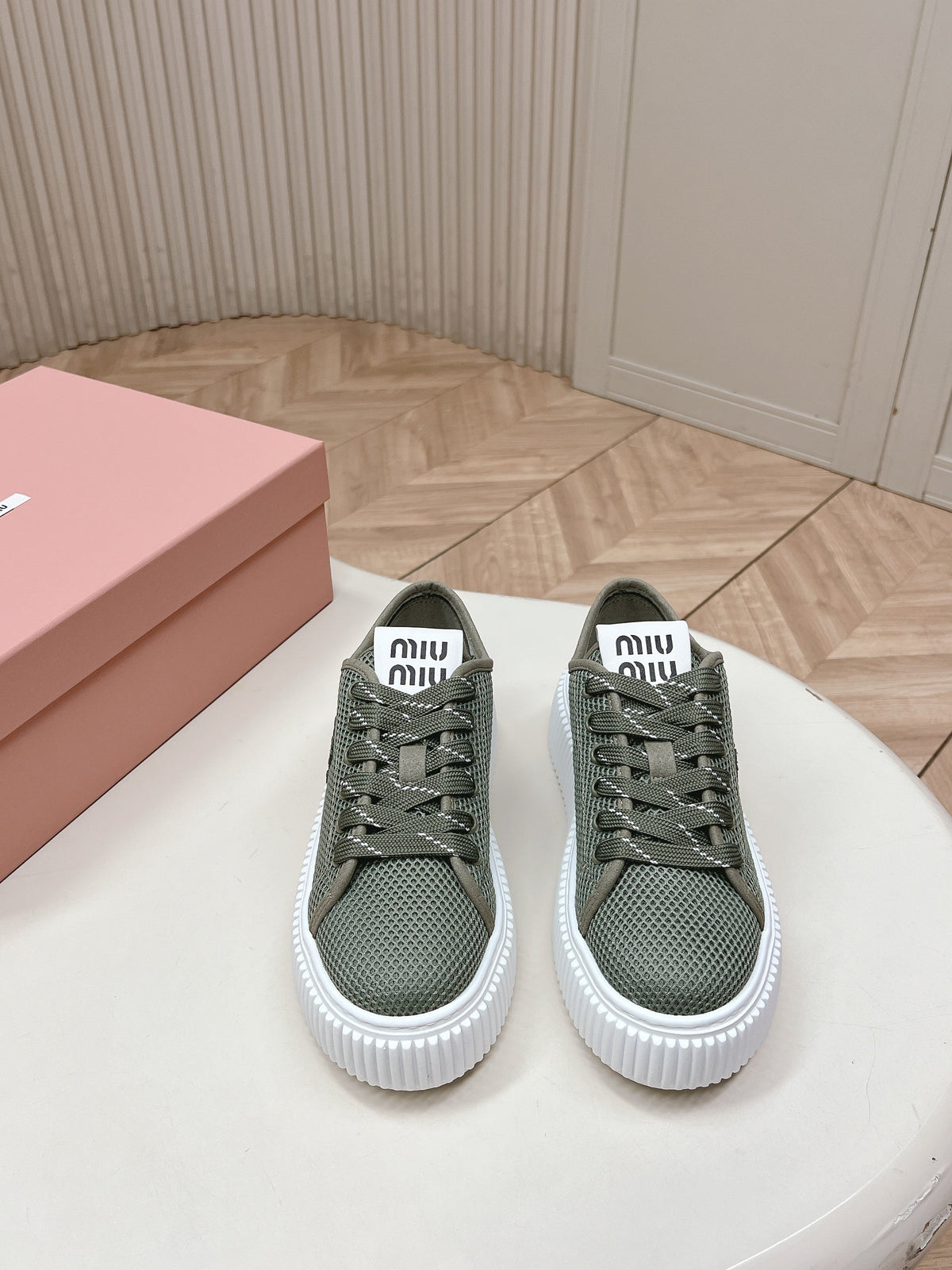 Miu Platform Sneakers Olive Green Mesh 798600