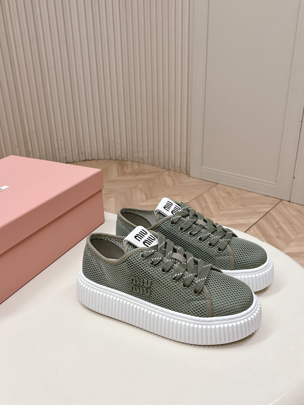 Miu Platform Sneakers Olive Green Mesh 798600