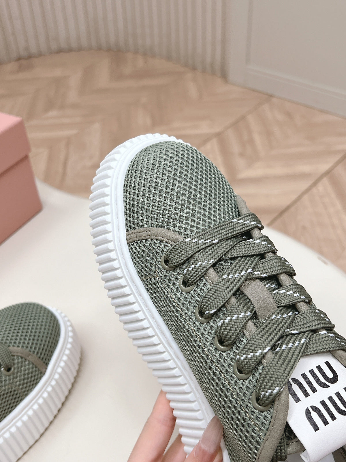 Miu Platform Sneakers Olive Green Mesh 798600