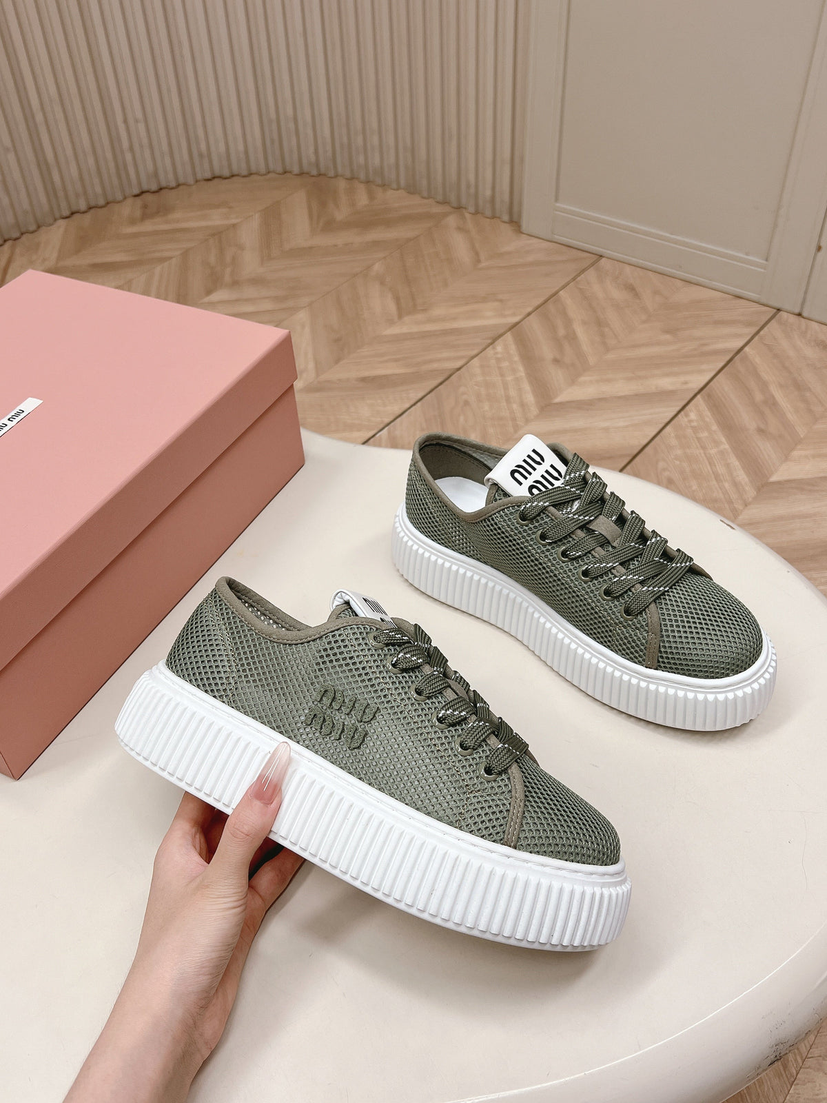 Miu Platform Sneakers Olive Green Mesh 798600