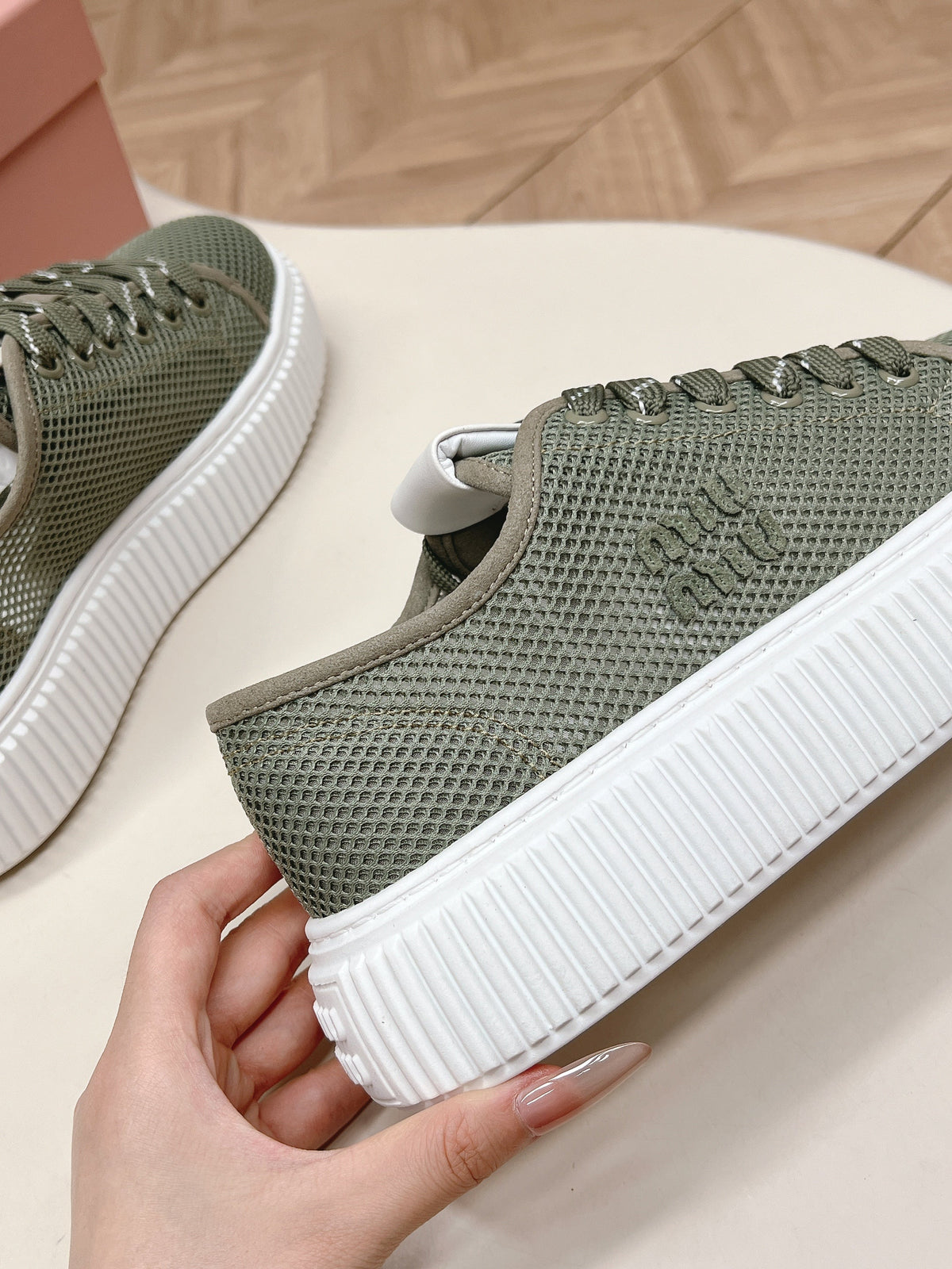 Miu Platform Sneakers Olive Green Mesh 798600