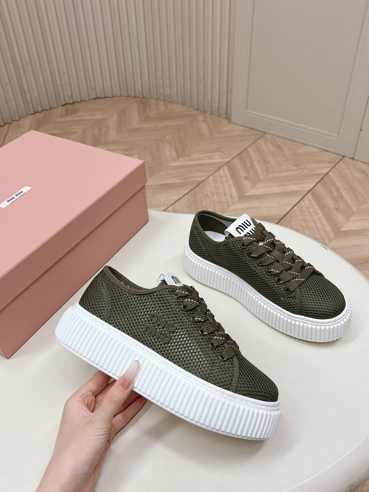 Miu Platform Sneakers Deep Olive Mesh 798602
