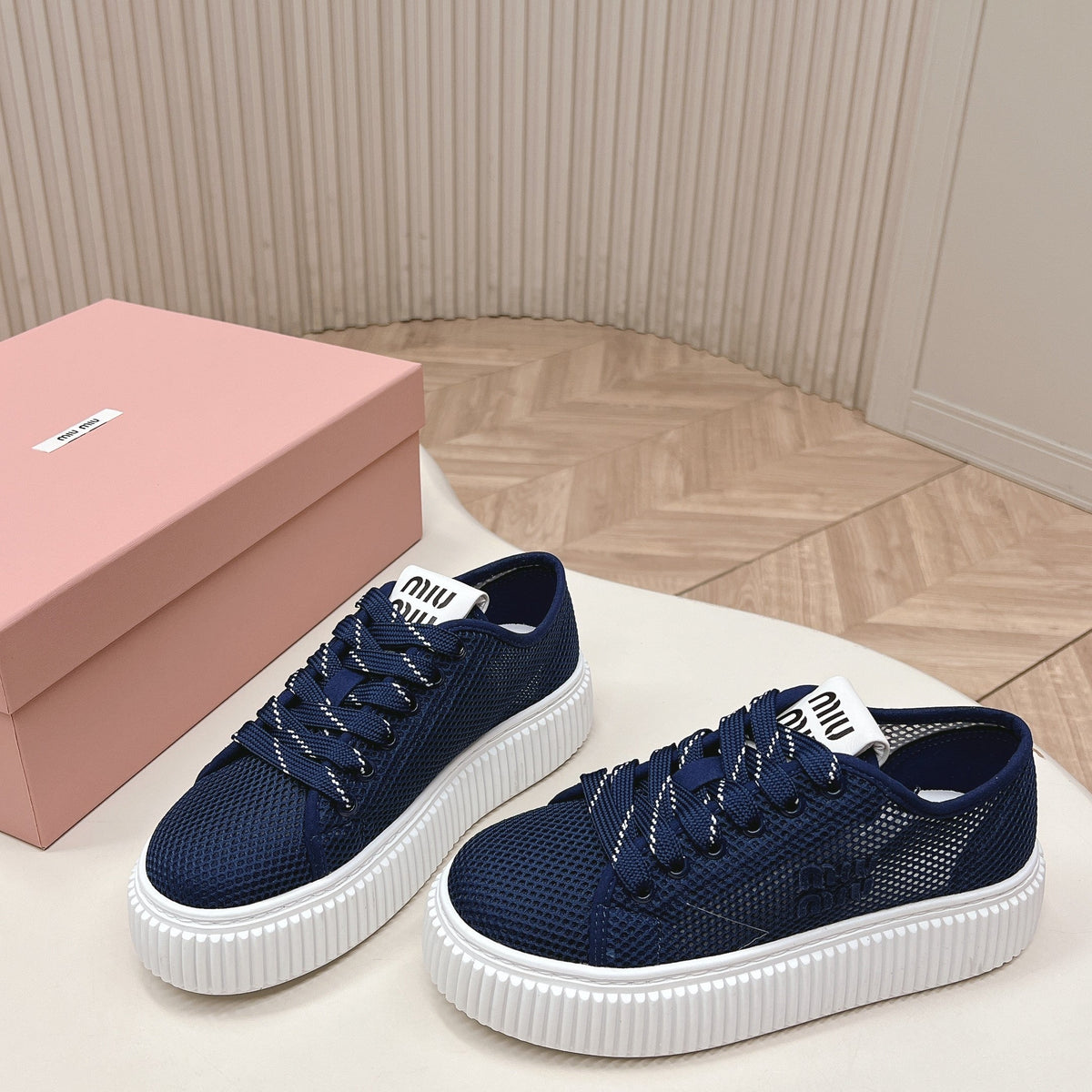 Miu Platform Sneakers Navy Blue Mesh 798603