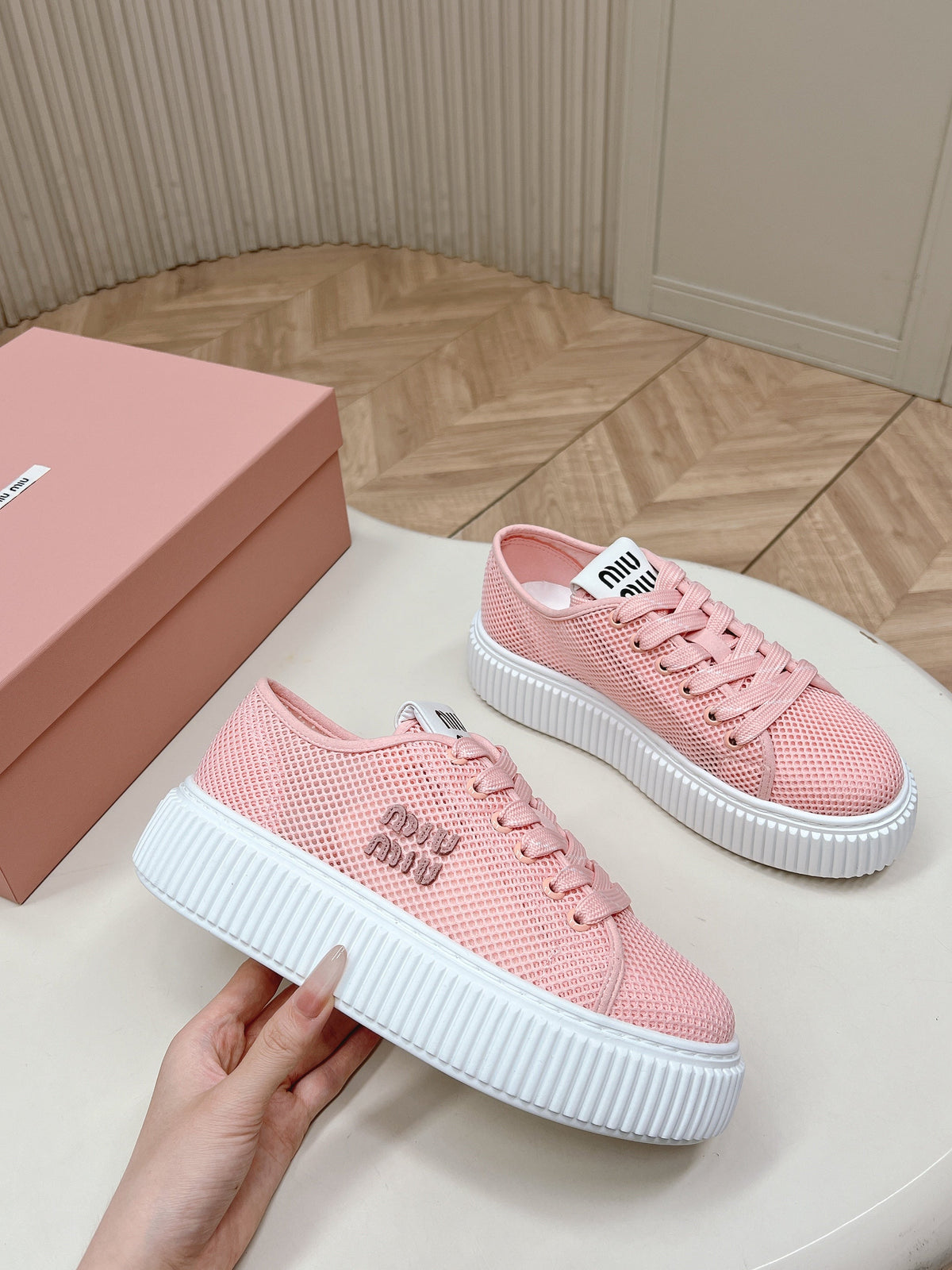 Miu Platform Sneakers Light Pink Mesh 798604