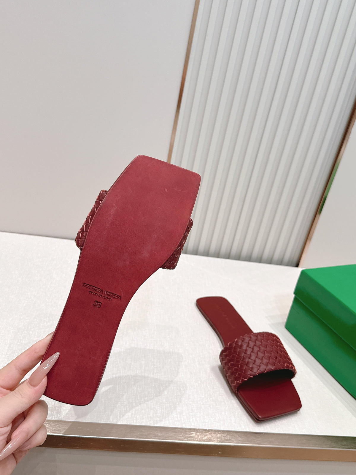 BV Parco Slide Burgundy Intrecciato Woven Leather 798039