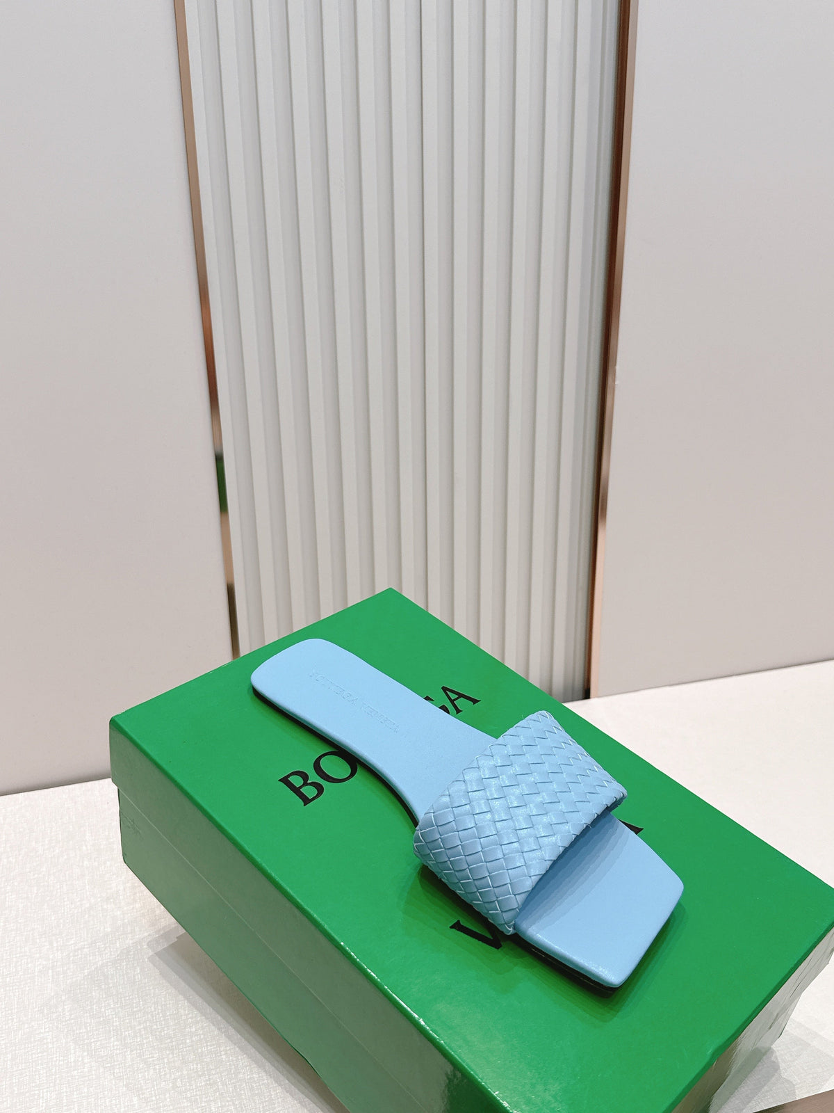 BV Parco Slide Light Blue Intrecciato Woven Leather 798041