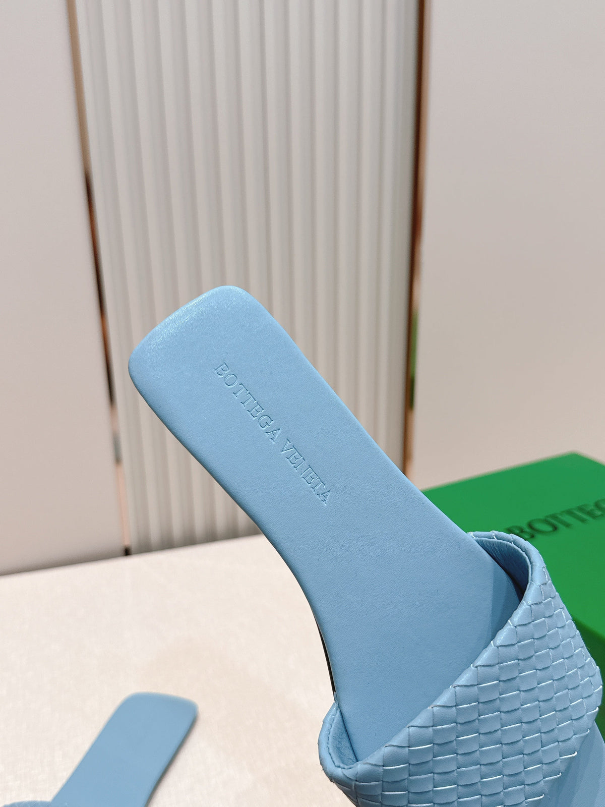 BV Parco Slide Light Blue Intrecciato Woven Leather 798041