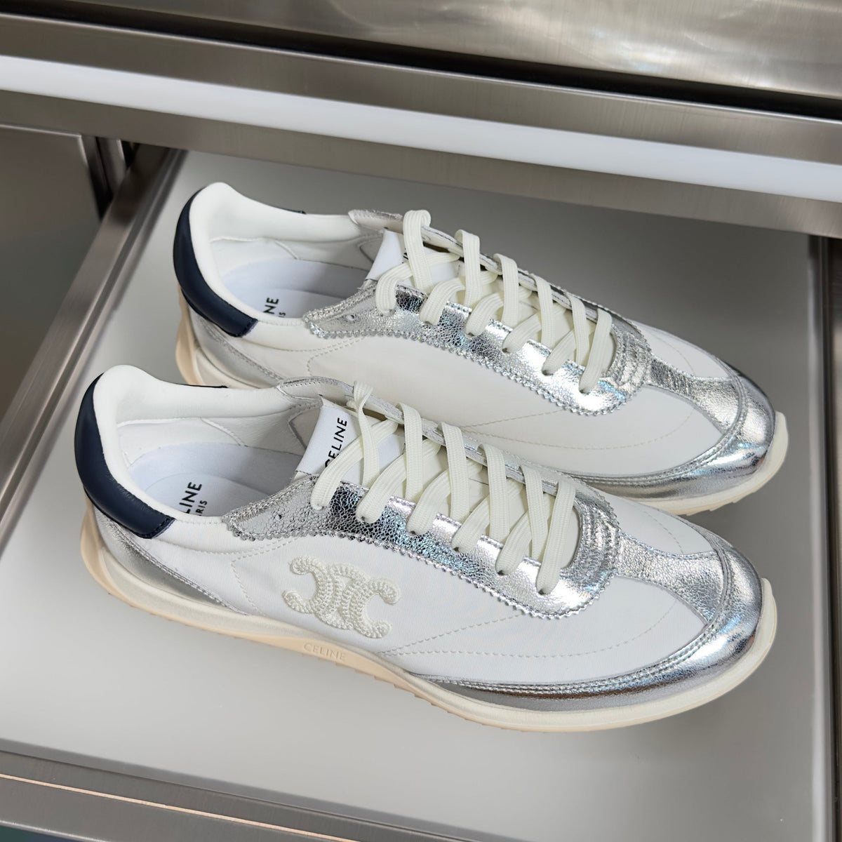 Celine 26s Racer Sneakers In White Fabric And Silver Calfskin