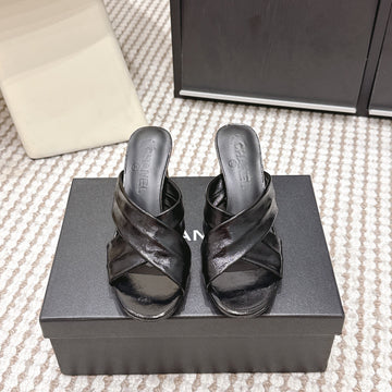 CC High-Heeled Cross-Strap Sandals 7.5cm Black Glossy Leather 721589
