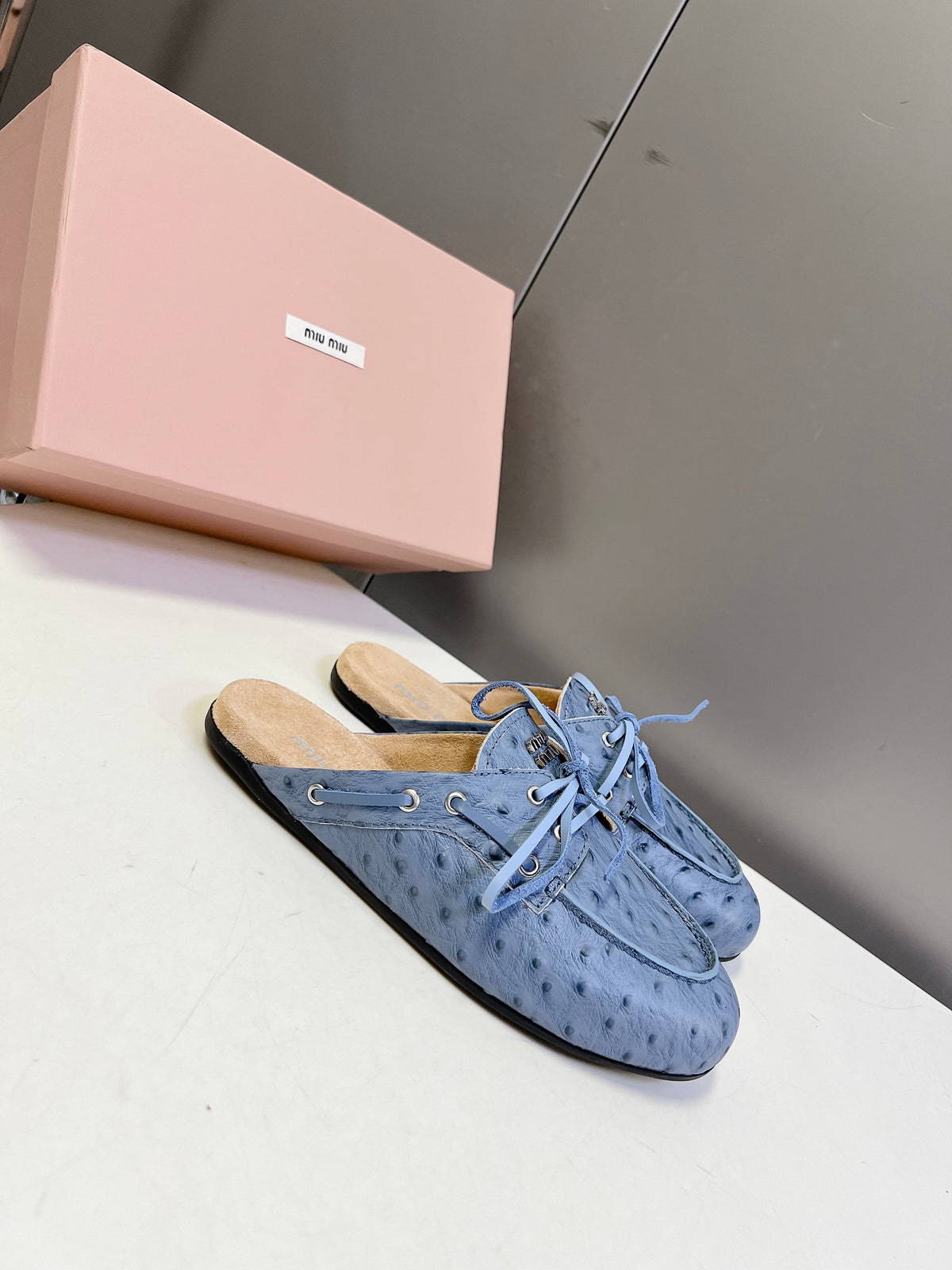 Miu 26s Loafer Mules Blue Ostrich Leather 794784
